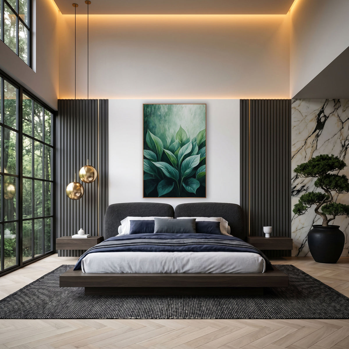 Emerald Hosta Leaf Botanical Luxe wall art in an elegant modern room – cluster of broad hosta leaves in emerald