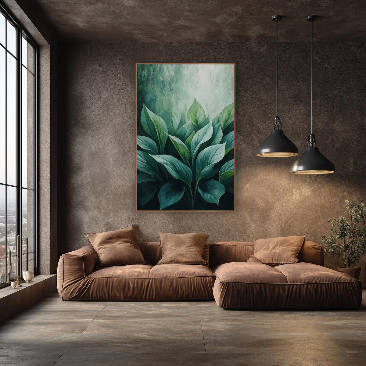 Emerald Hosta Leaf Botanical Luxe wall art in an elegant modern room – cluster of broad hosta leaves in emerald
