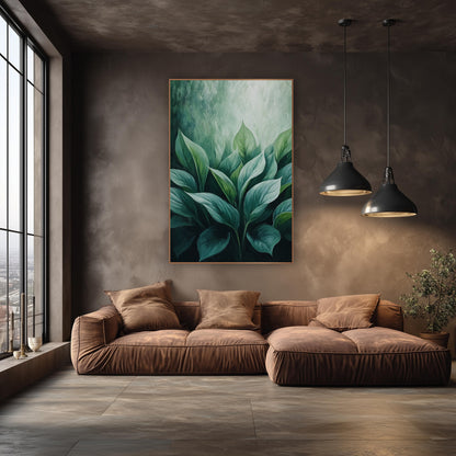 Emerald Hosta Leaf Botanical Luxe wall art in an elegant modern room – cluster of broad hosta leaves in emerald