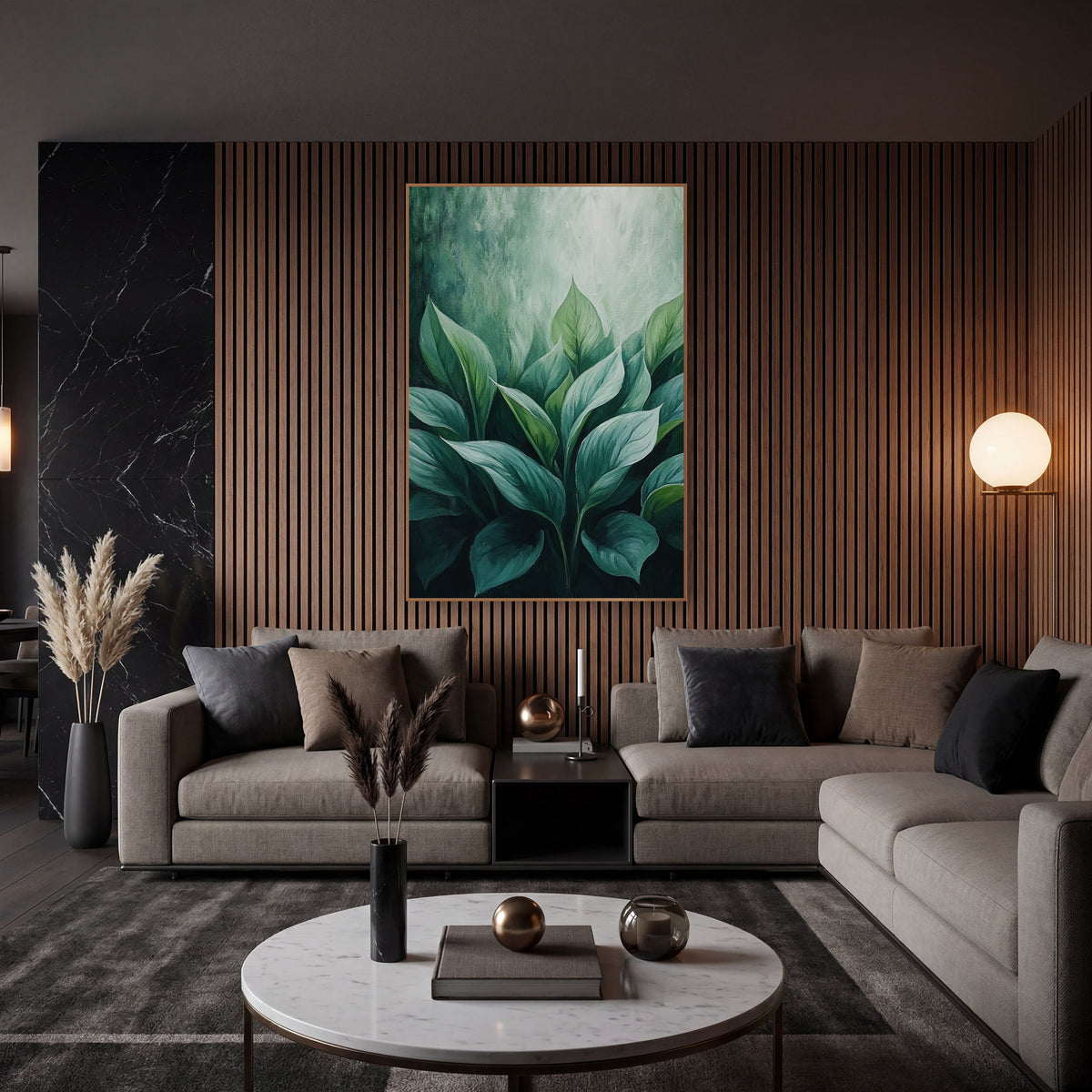 Emerald Hosta Leaf Botanical Luxe wall art in an elegant modern room – cluster of broad hosta leaves in emerald
