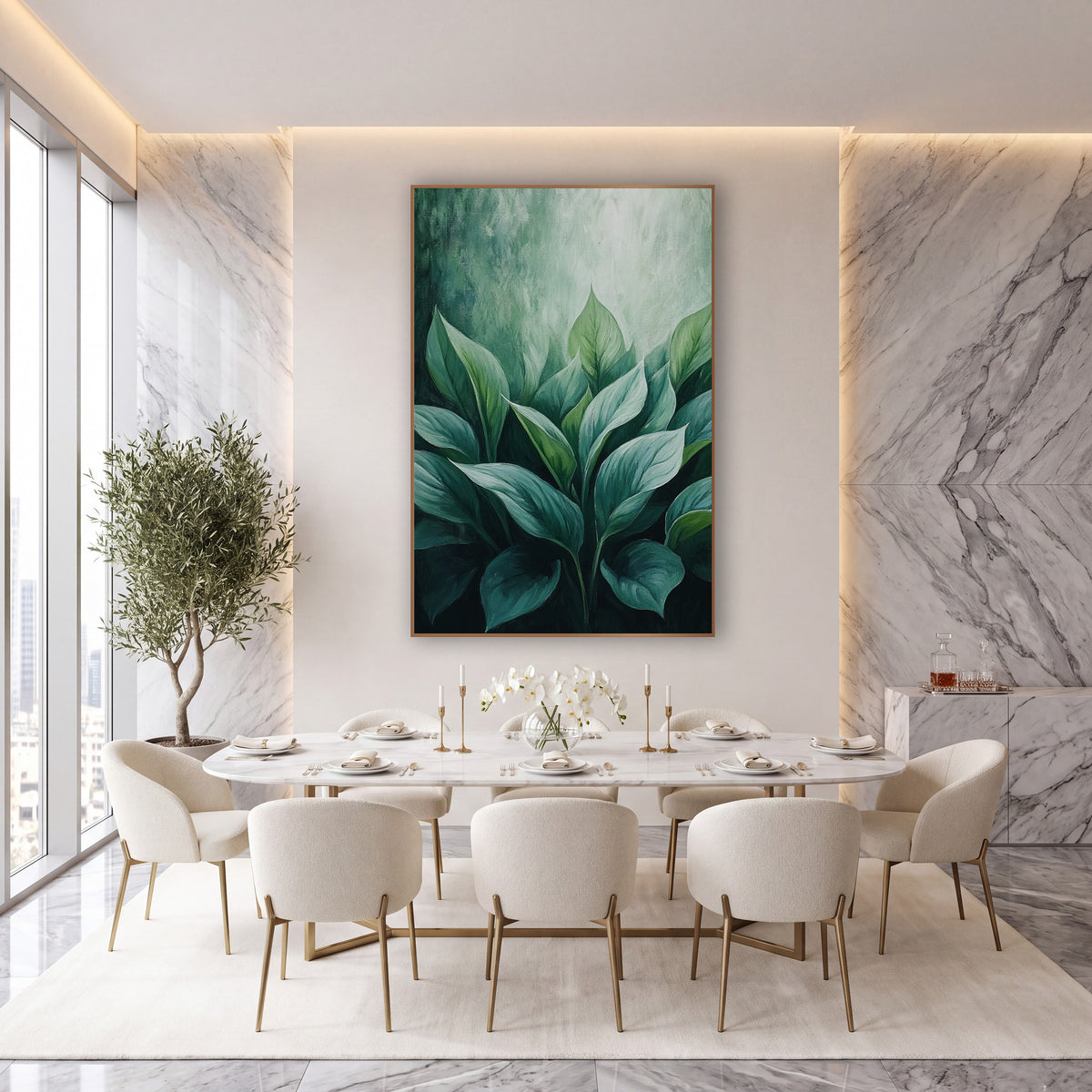Emerald Hosta Leaf Botanical Luxe wall art in an elegant modern room – cluster of broad hosta leaves in emerald