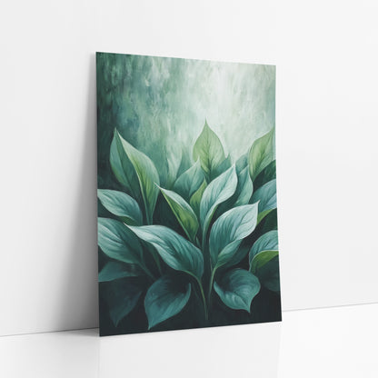 Emerald Hosta Leaf Botanical Luxe art print leaning against a white wall – cluster of broad hosta leaves in emerald and sage