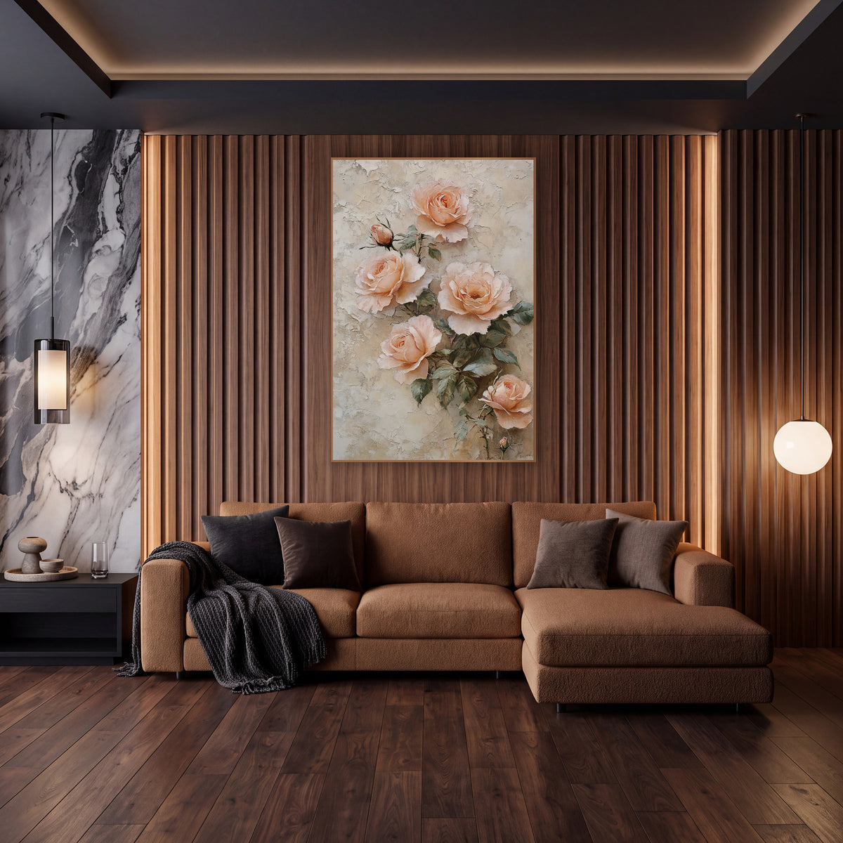 Blush Peach Rose Cluster Vintage wall art in an elegant modern room – five peach roses and two buds with gray-green