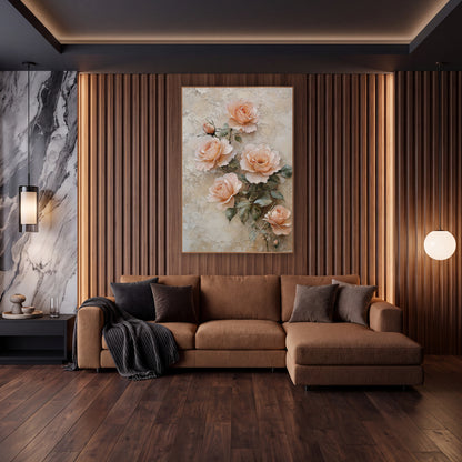Blush Peach Rose Cluster Vintage wall art in an elegant modern room – five peach roses and two buds with gray-green