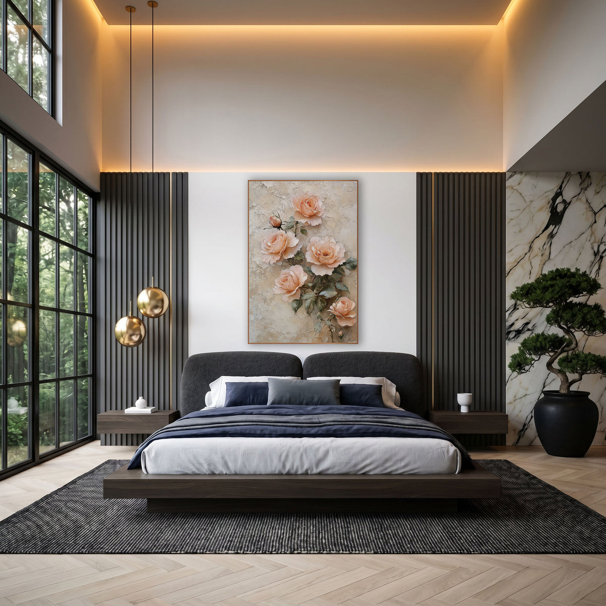 Blush Peach Rose Cluster Vintage wall art in an elegant modern room – five peach roses and two buds with gray-green