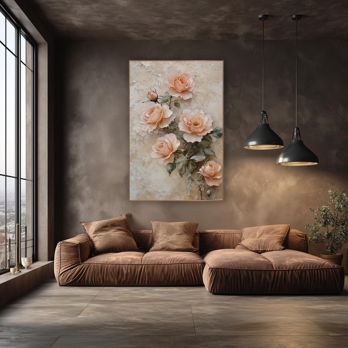 Blush Peach Rose Cluster Vintage wall art in an elegant modern room – five peach roses and two buds with gray-green