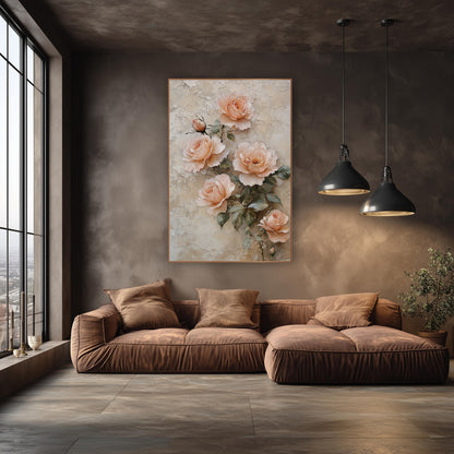 Blush Peach Rose Cluster Vintage wall art in an elegant modern room – five peach roses and two buds with gray-green