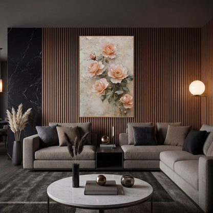 Blush Peach Rose Cluster Vintage wall art in an elegant modern room – five peach roses and two buds with gray-green