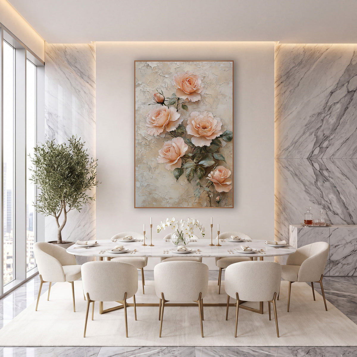 Blush Peach Rose Cluster Vintage wall art in an elegant modern room – five peach roses and two buds with gray-green