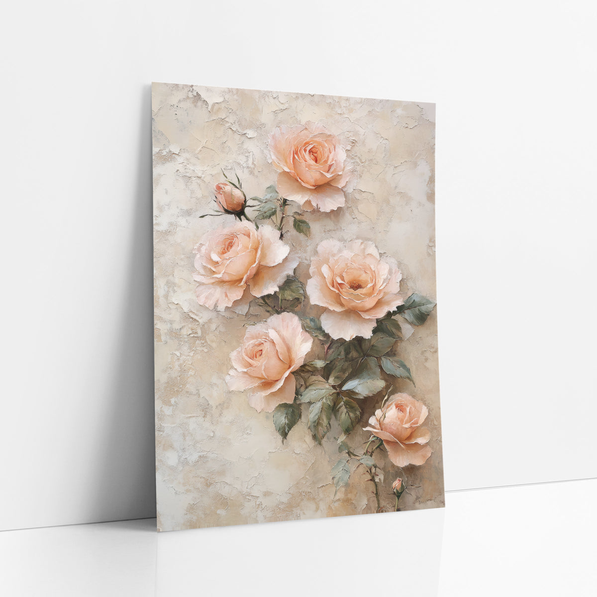 Blush Peach Rose Cluster Vintage art print leaning against a white wall – five peach roses and two buds with gray-green