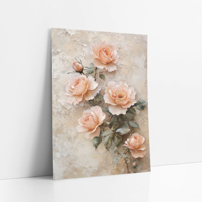Blush Peach Rose Cluster Vintage art print leaning against a white wall – five peach roses and two buds with gray-green