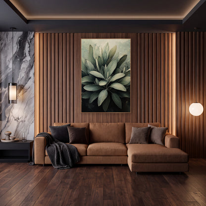 Silver Sage Leaf Cluster Botanical wall art in an elegant modern room – cluster of silvery gray-green sage leaves