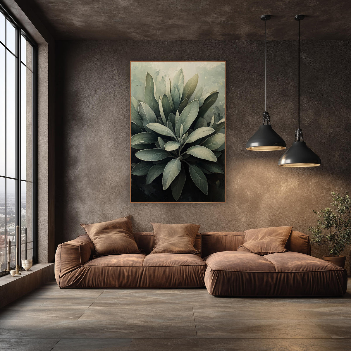 Silver Sage Leaf Cluster Botanical wall art in an elegant modern room – cluster of silvery gray-green sage leaves