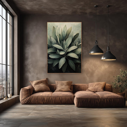 Silver Sage Leaf Cluster Botanical wall art in an elegant modern room – cluster of silvery gray-green sage leaves