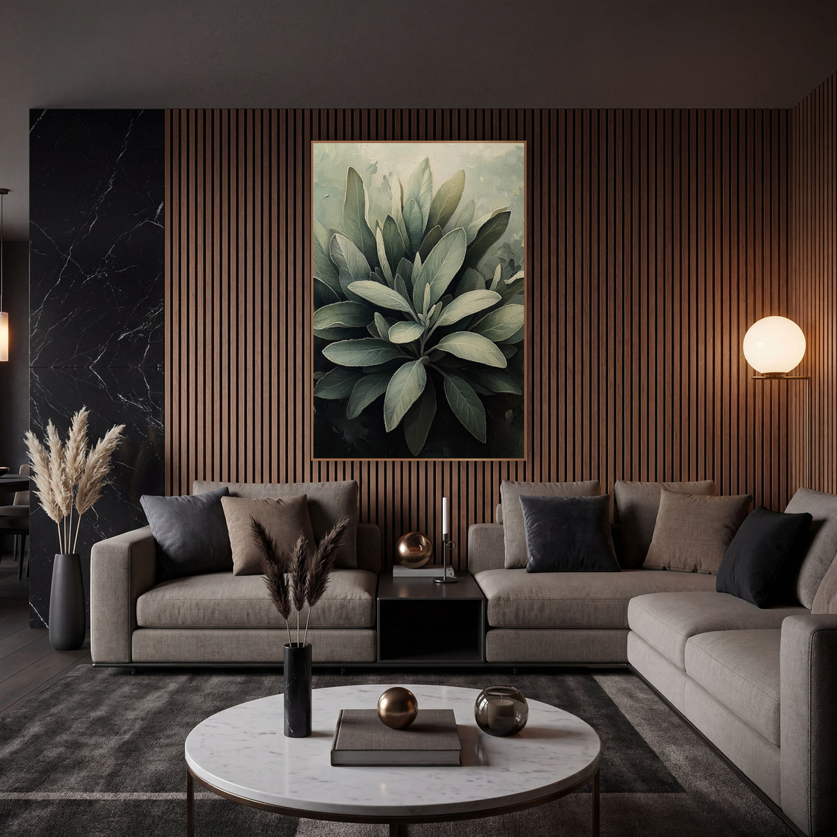 Silver Sage Leaf Cluster Botanical wall art in an elegant modern room – cluster of silvery gray-green sage leaves