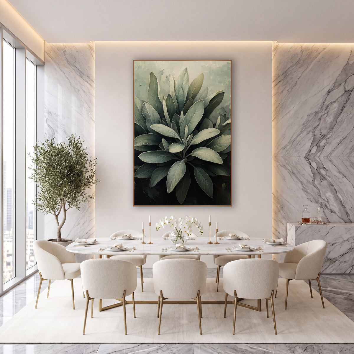 Silver Sage Leaf Cluster Botanical wall art in an elegant modern room – cluster of silvery gray-green sage leaves
