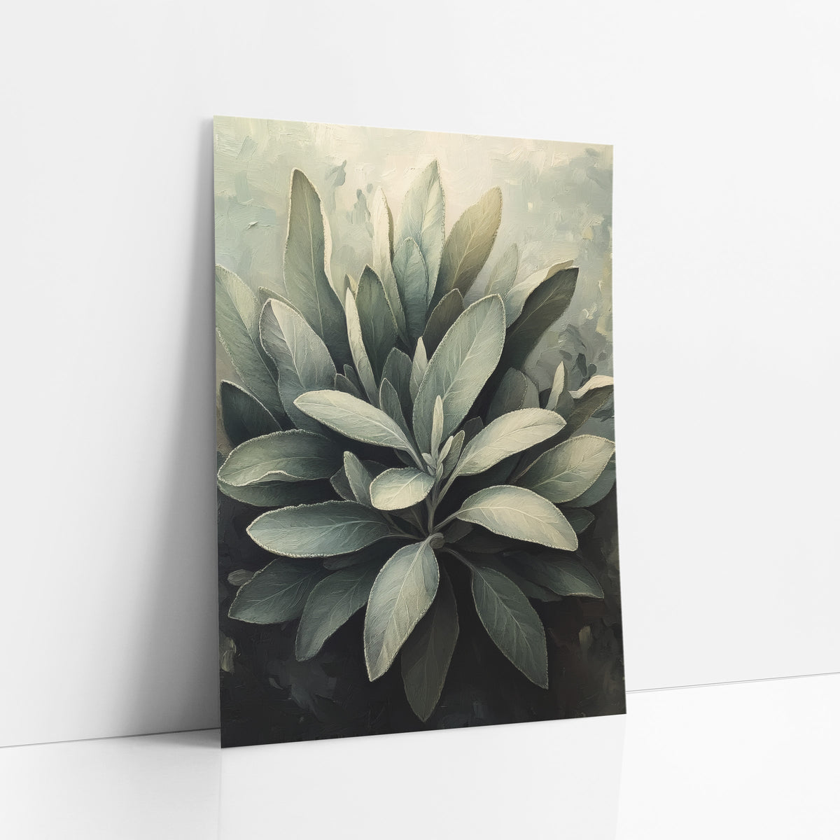 Silver Sage Leaf Cluster Botanical art print leaning against a white wall – cluster of silvery gray-green sage leaves