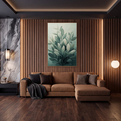 Tiered Sage Branches Misty Painterly wall art in an elegant modern room – cluster of silvery sage leaves in gray-green