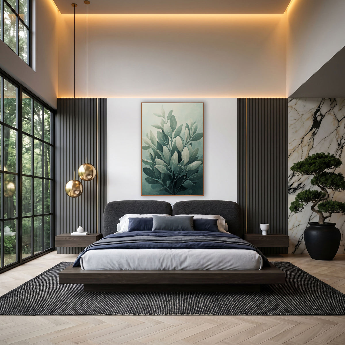 Tiered Sage Branches Misty Painterly wall art in an elegant modern room – cluster of silvery sage leaves in gray-green