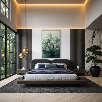 Tiered Sage Branches Misty Painterly wall art in an elegant modern room – cluster of silvery sage leaves in gray-green