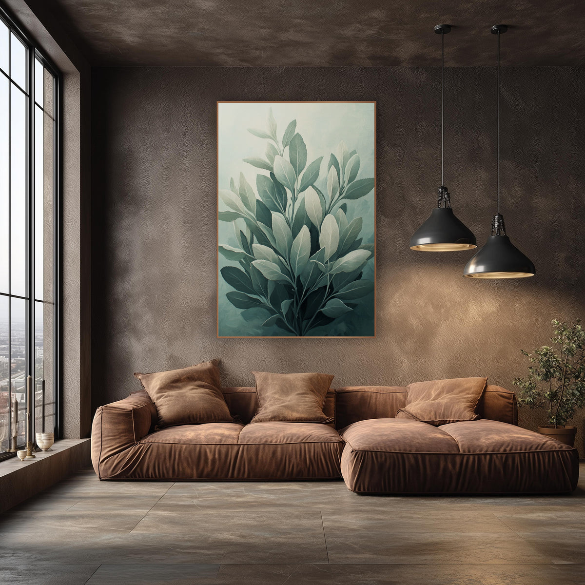 Tiered Sage Branches Misty Painterly wall art in an elegant modern room – cluster of silvery sage leaves in gray-green