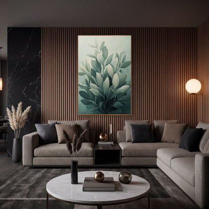 Tiered Sage Branches Misty Painterly wall art in an elegant modern room – cluster of silvery sage leaves in gray-green