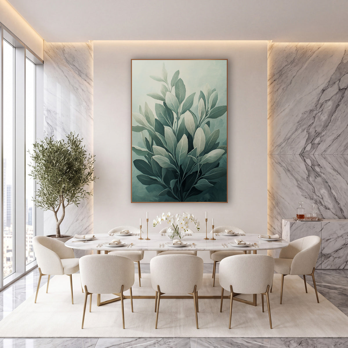 Tiered Sage Branches Misty Painterly wall art in an elegant modern room – cluster of silvery sage leaves in gray-green