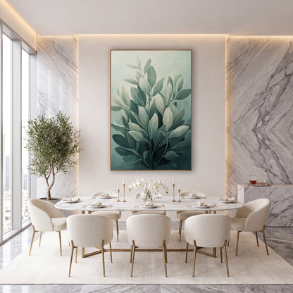 Tiered Sage Branches Misty Painterly wall art in an elegant modern room – cluster of silvery sage leaves in gray-green