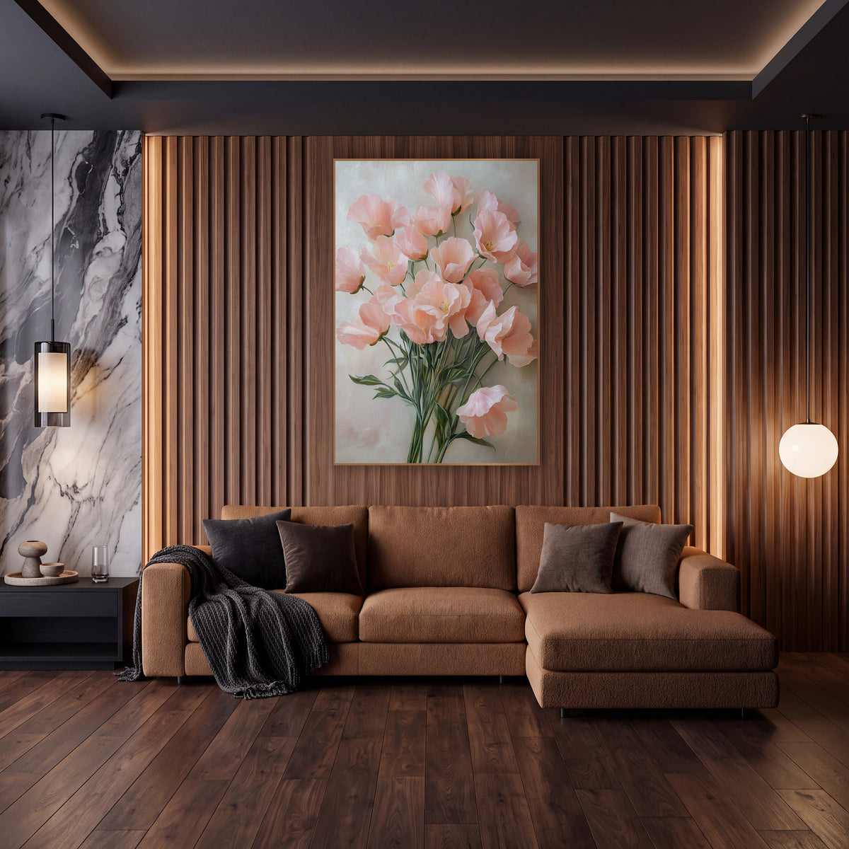 Blush Sweet Pea Fountain Romantic wall art in an elegant modern room – bouquet of ruffled blush pink sweet pea flowers