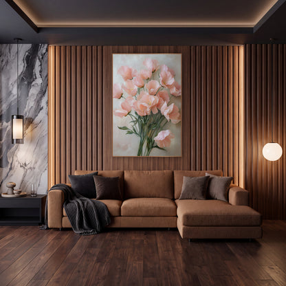 Blush Sweet Pea Fountain Romantic wall art in an elegant modern room – bouquet of ruffled blush pink sweet pea flowers