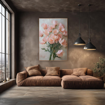 Blush Sweet Pea Fountain Romantic wall art in an elegant modern room – bouquet of ruffled blush pink sweet pea flowers