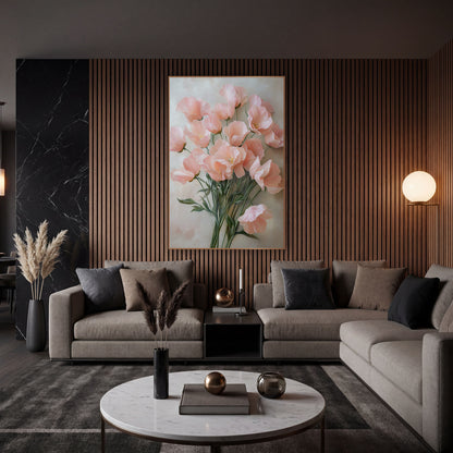 Blush Sweet Pea Fountain Romantic wall art in an elegant modern room – bouquet of ruffled blush pink sweet pea flowers