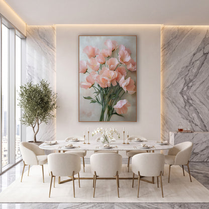 Blush Sweet Pea Fountain Romantic wall art in an elegant modern room – bouquet of ruffled blush pink sweet pea flowers