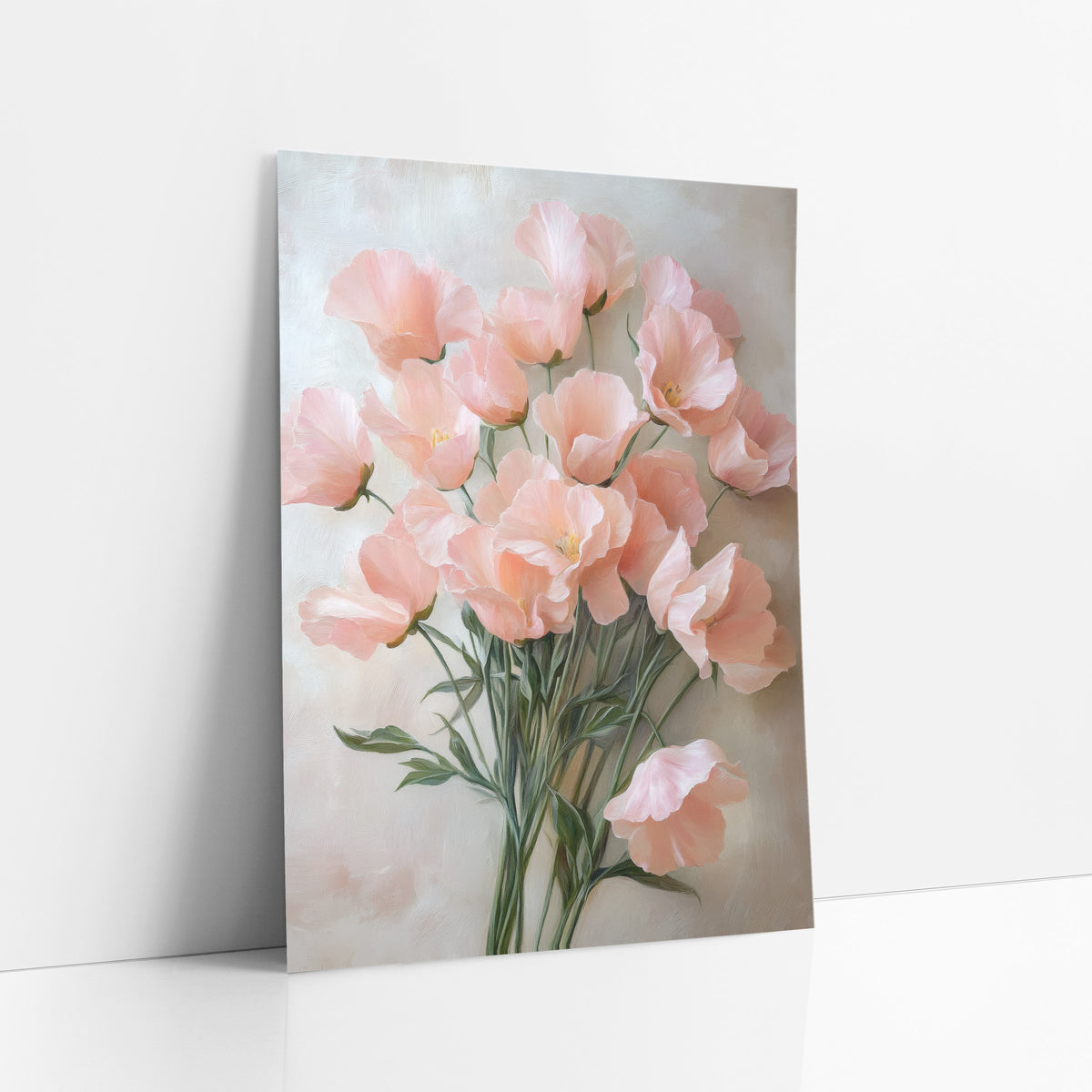 Blush Sweet Pea Fountain Romantic art print leaning against a white wall – bouquet of ruffled blush pink sweet pea flowers