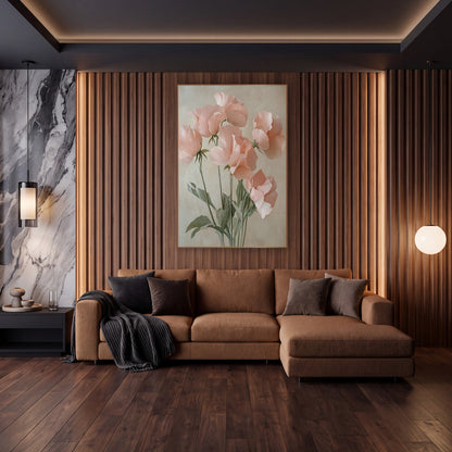Peach Sweet Pea Quintet Painterly wall art in an elegant modern room – six blush pink sweet pea flowers on thin green