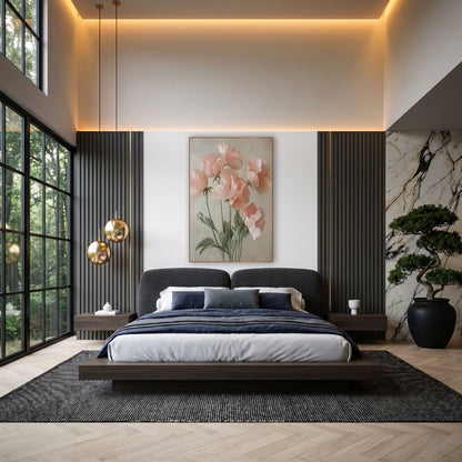 Peach Sweet Pea Quintet Painterly wall art in an elegant modern room – six blush pink sweet pea flowers on thin green