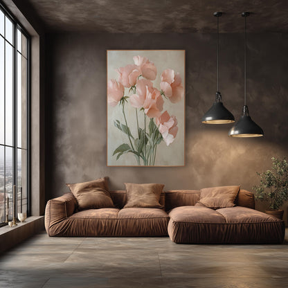 Peach Sweet Pea Quintet Painterly wall art in an elegant modern room – six blush pink sweet pea flowers on thin green
