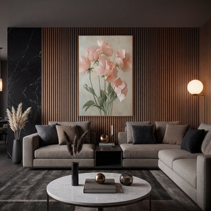 Peach Sweet Pea Quintet Painterly wall art in an elegant modern room – six blush pink sweet pea flowers on thin green