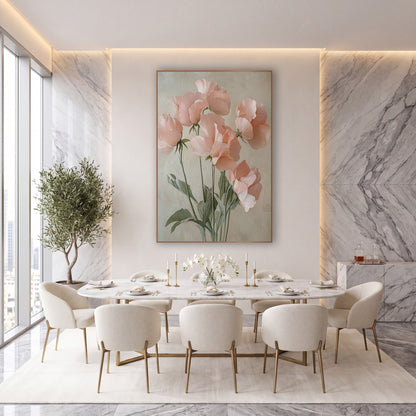 Peach Sweet Pea Quintet Painterly wall art in an elegant modern room – six blush pink sweet pea flowers on thin green