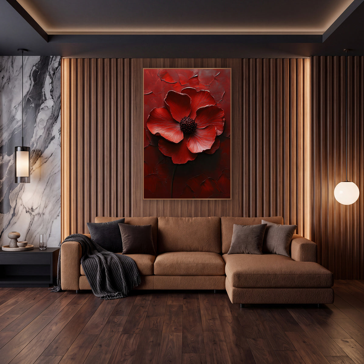 Crimson Poppy Bloom Luxe Floral wall art in an elegant modern room – large crimson flower with six curling petals