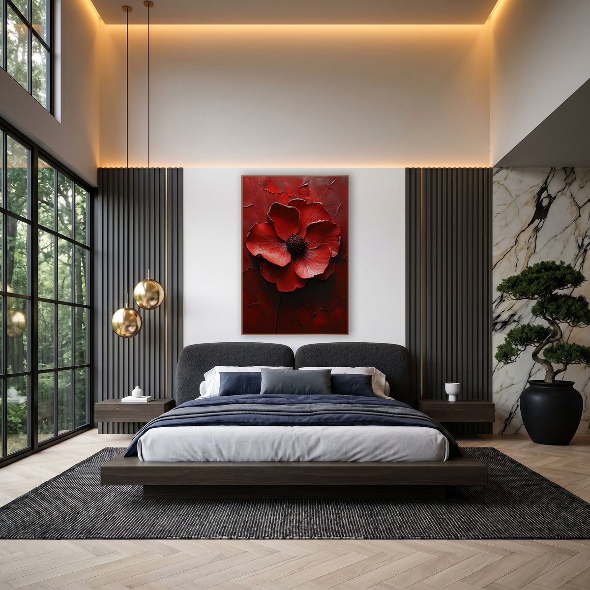 Crimson Poppy Bloom Luxe Floral wall art in an elegant modern room – large crimson flower with six curling petals
