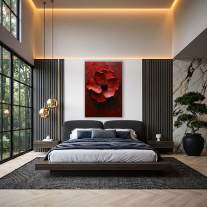 Crimson Poppy Bloom Luxe Floral wall art in an elegant modern room – large crimson flower with six curling petals