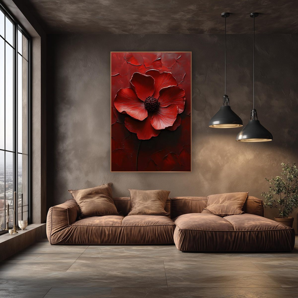Crimson Poppy Bloom Luxe Floral wall art in an elegant modern room – large crimson flower with six curling petals