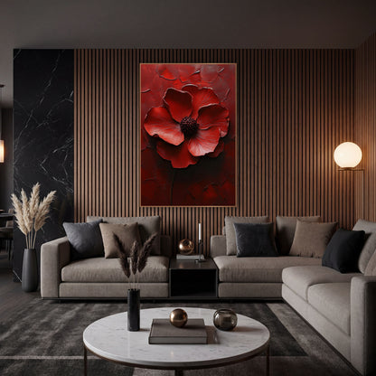 Crimson Poppy Bloom Luxe Floral wall art in an elegant modern room – large crimson flower with six curling petals