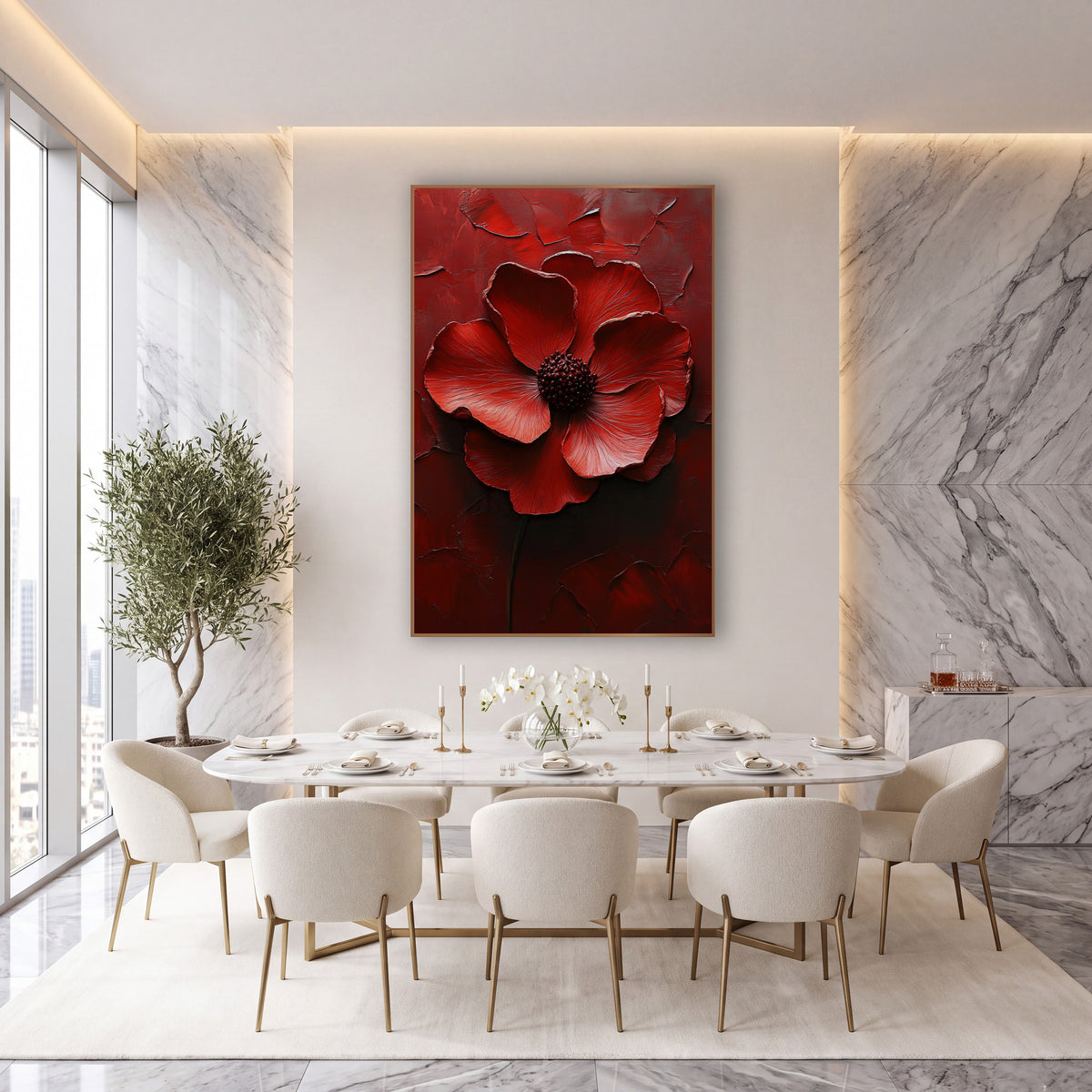 Crimson Poppy Bloom Luxe Floral wall art in an elegant modern room – large crimson flower with six curling petals