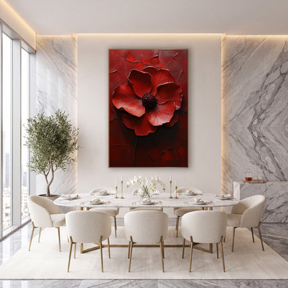 Crimson Poppy Bloom Luxe Floral wall art in an elegant modern room – large crimson flower with six curling petals