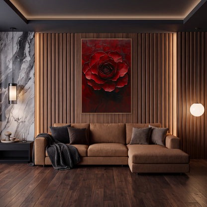 Crimson Layered Bloom Floral wall art in an elegant modern room – large crimson flower with layered ruffled petals