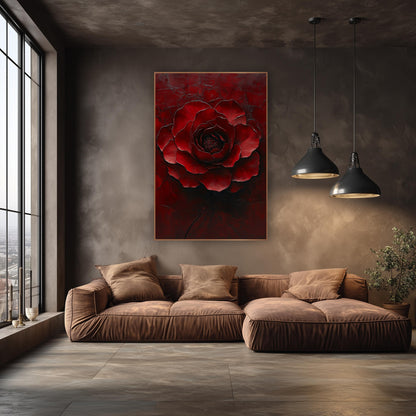 Crimson Layered Bloom Floral wall art in an elegant modern room – large crimson flower with layered ruffled petals