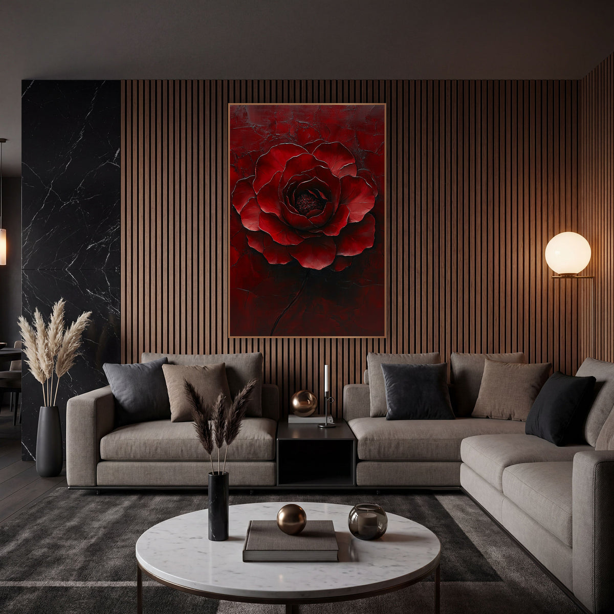 Crimson Layered Bloom Floral wall art in an elegant modern room – large crimson flower with layered ruffled petals
