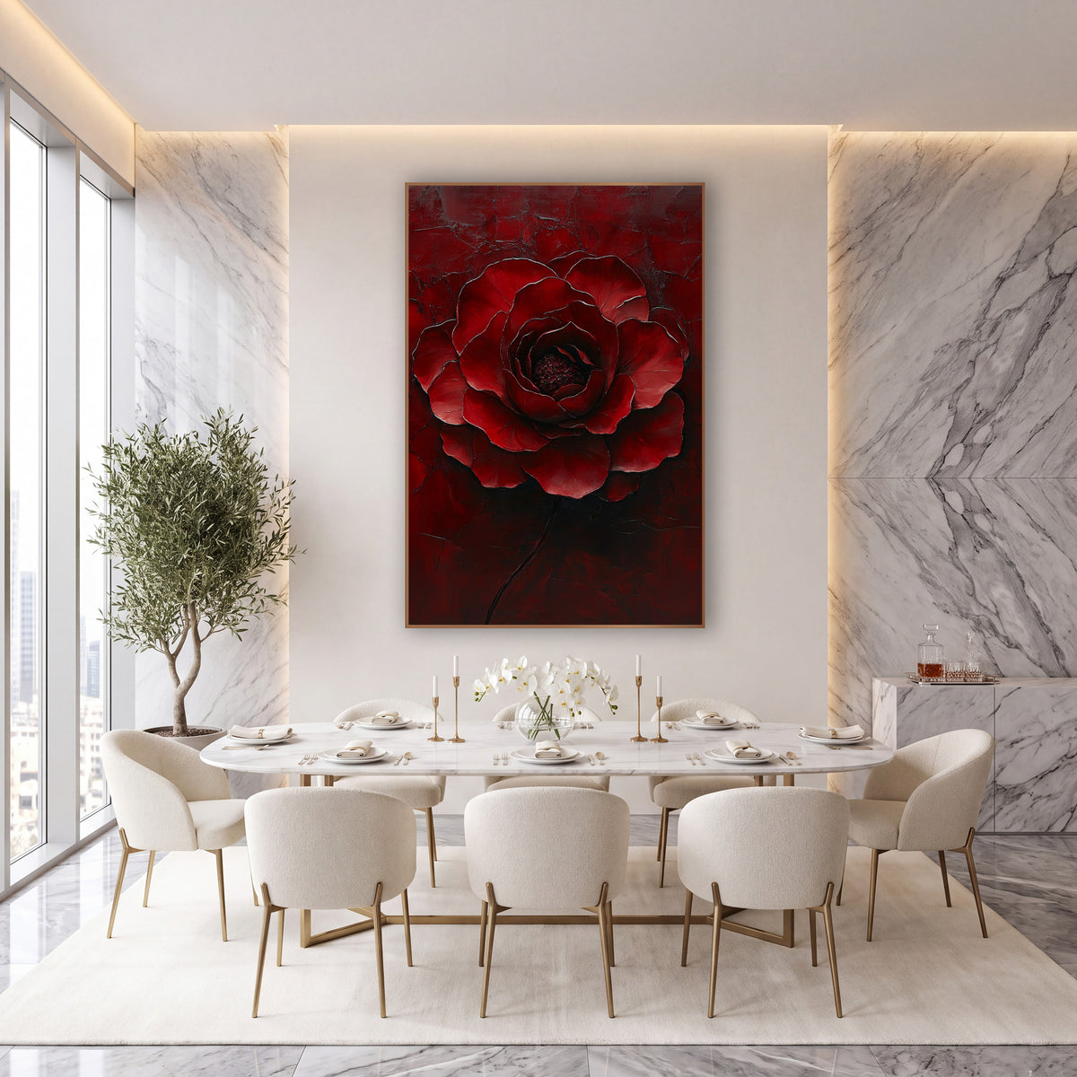 Crimson Layered Bloom Floral wall art in an elegant modern room – large crimson flower with layered ruffled petals